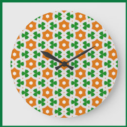 Subtle Irish Orange and Green Geometric Shamrock Large Clock