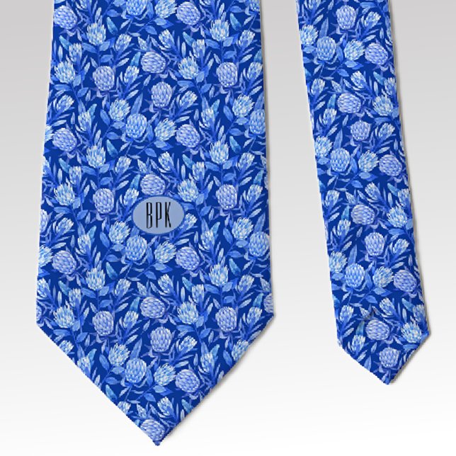 Subtle Monogram Cobalt Blue Tropical Protea Flower Tie (Creator Uploaded)