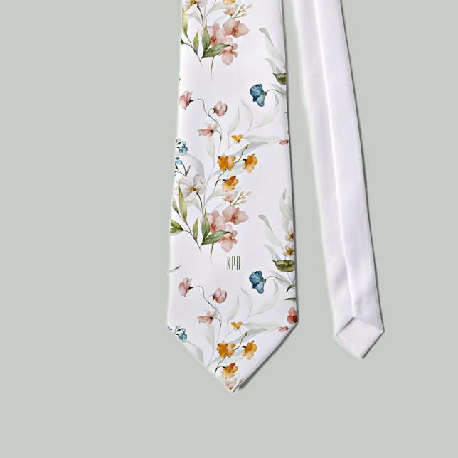Subtle Monogram Colourful Floral on White Necktie (Creator Uploaded)