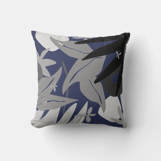 Subtle Navy Blue Abstract Floral Cushion (Front)