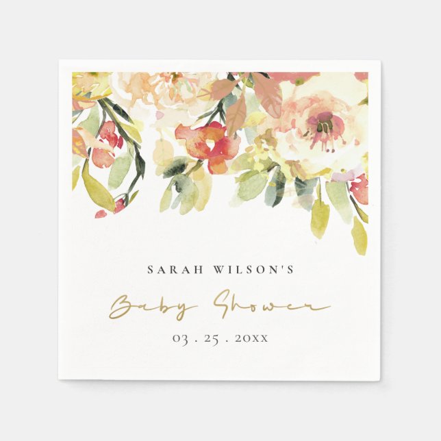 SUBTLE PEACH PINK WATERCOLOR FLORAL BABY SHOWER NAPKIN (Front)