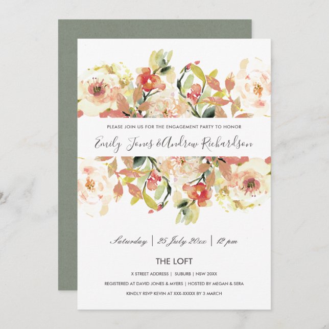 SUBTLE PEACH PINK WATERCOLOR FLORAL ENGAGEMENT INVITATION (Front/Back)