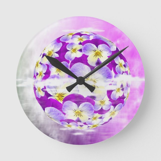 Subtle,  simple Violet pansy flower pattern globe Round Clock (Front)