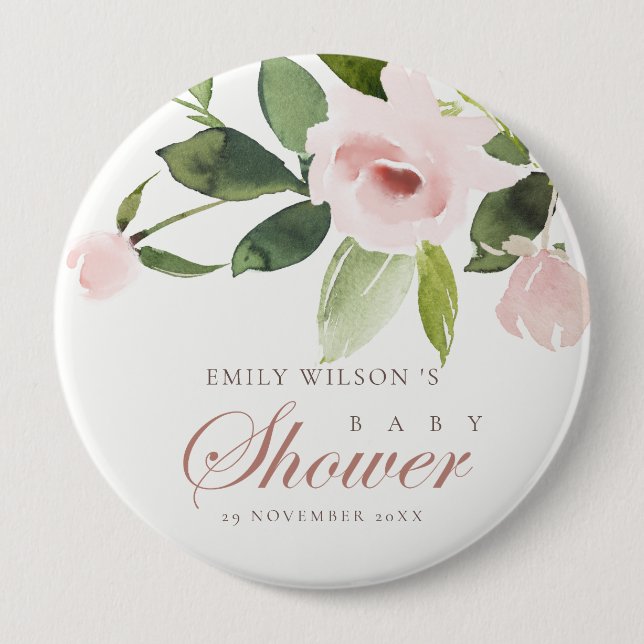 SUBTLE SOFT BLUSH PINK ROSE FLORAL BABY SHOWER 10 CM ROUND BADGE (Front)