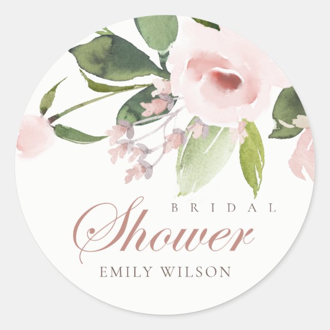 SUBTLE SOFT BLUSH PINK ROSE FLORAL BRIDAL SHOWER CLASSIC ROUND STICKER (Front)
