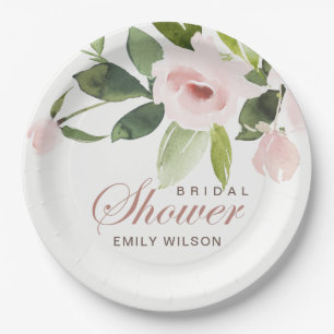 SUBTLE SOFT BLUSH PINK ROSE FLORAL BRIDAL SHOWER PAPER PLATE