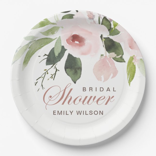 SUBTLE SOFT BLUSH PINK ROSE FLORAL BRIDAL SHOWER PAPER PLATE (Front)