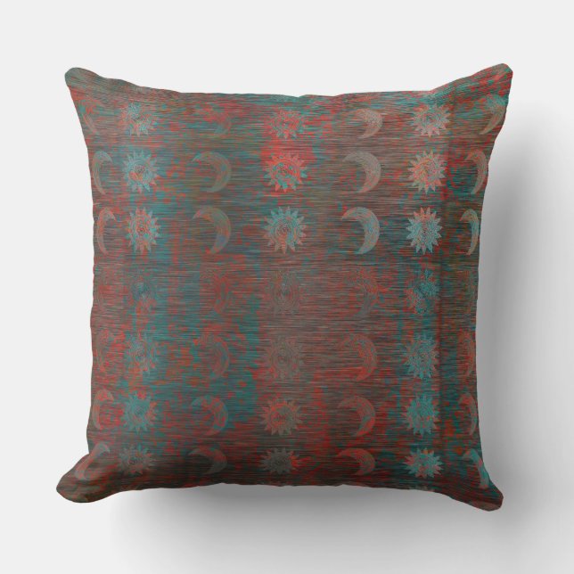 Subtle Suns Moons Red Turquoise Grunge Cushion (Front)