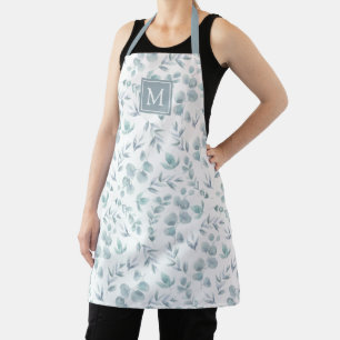 Subtle Watercolor Eucalyptus Pattern Monogram Apron