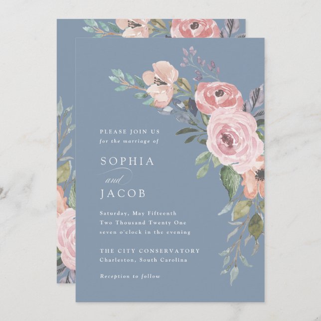 Subtle Watercolor Roses | Dusty Blue Wedding Invitation (Front/Back)