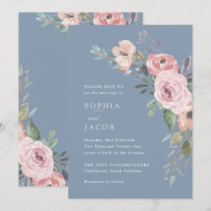 Subtle Watercolor Roses Dusty Blue Wedding Invitation
