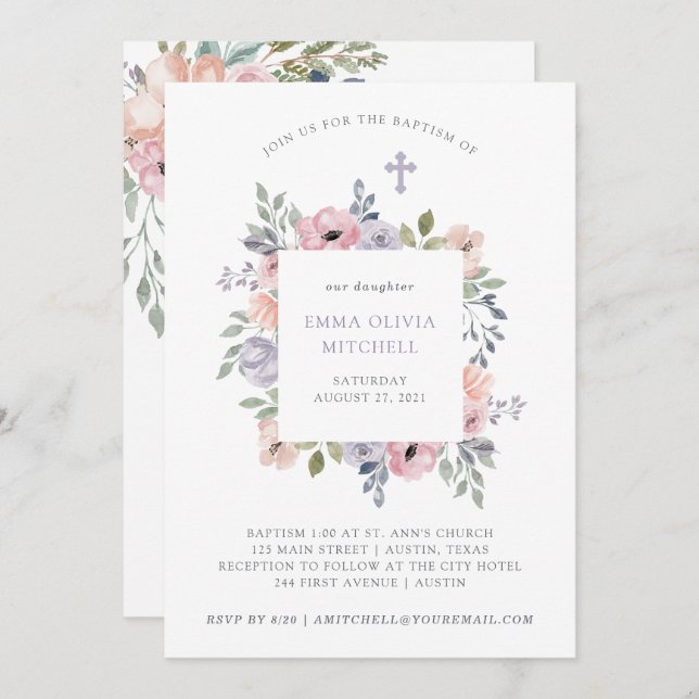 Subtle Watercolor Roses with Cross | Baptism Invitation (Front/Back)