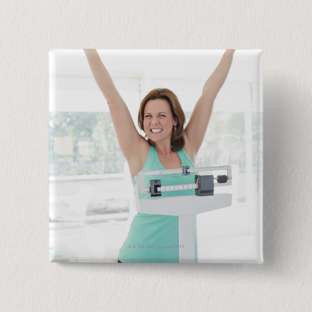 Successful weight loss. Happy woman weighing 15 Cm Square Badge (Front)