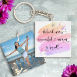 Successful Woman Pink Watercolor Typography Photo<br><div class="desc">“Behind every successful woman is herself.” So who needs Prince Charming? Make your own “happily ever after” and embrace “girl power” whenever you use this stylish, colourful inspirational feminist acrylic keychain with sweet black handwritten script typography overlaying a yellow, peach, pink and purple ombre watercolor splash and your special photo...</div>