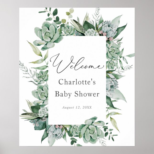 Succulent and Eucalyptus Baby Shower Welcome Poster (Front)