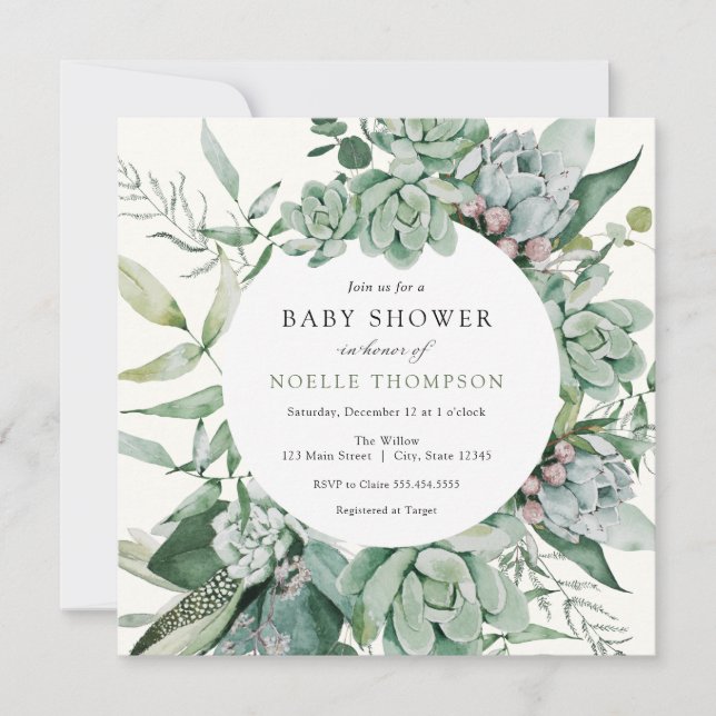 Succulent and Eucalyptus Greenery Baby Shower Invitation (Front)