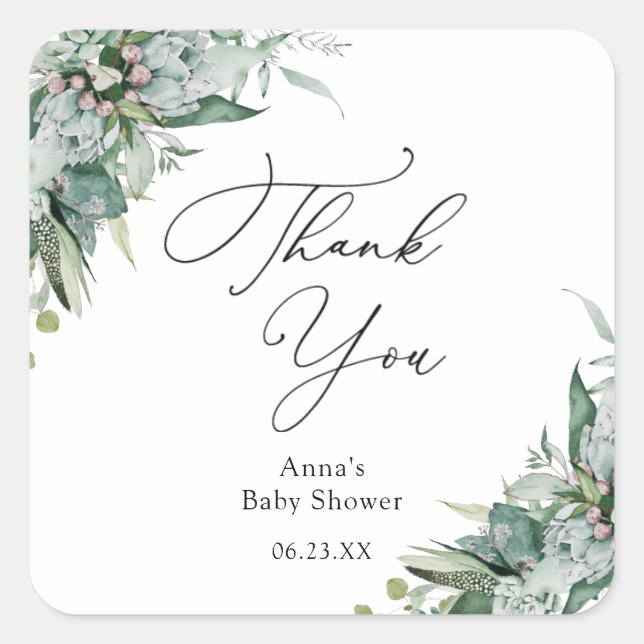 Succulent and Eucalyptus Greenery Thank You  Square Sticker (Front)
