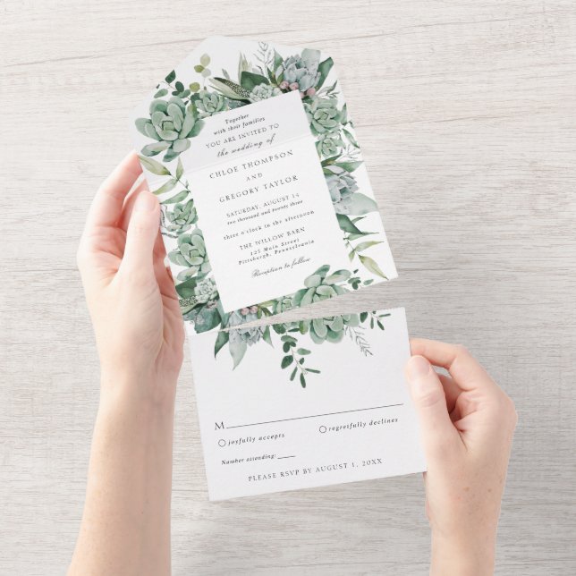 Succulent and Eucalyptus Greenery Wedding All In One Invitation (Tearaway)