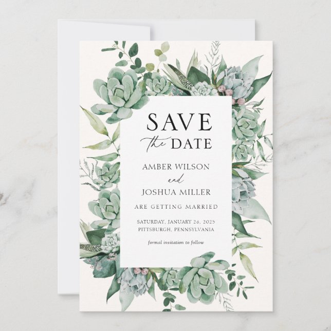 Succulent and Eucalyptus Wedding Save the Date Invitation (Front)