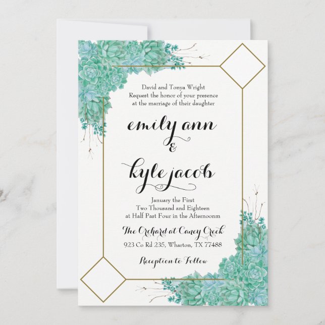 Succulent and Gold Wedding Invitation (Front)