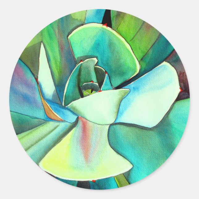 Succulent blue and green desert watercolour art classic round sticker (Front)