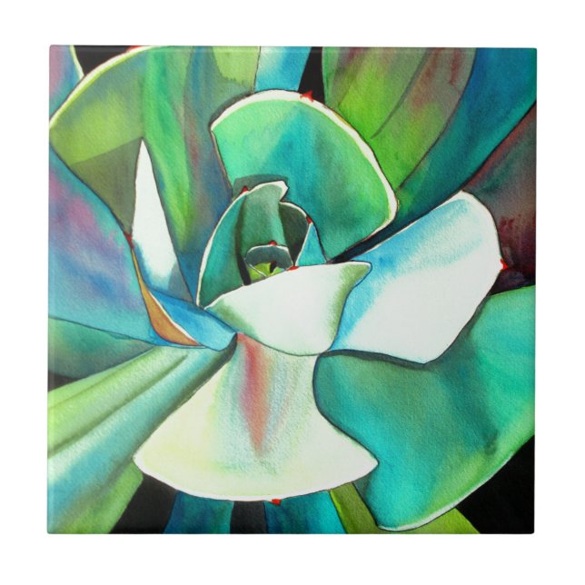 Succulent blue and green desert watercolour art tile (Front)