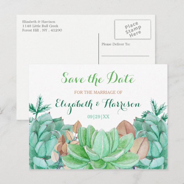 Succulent Bouquet Botanical Floral Save The Date Announcement Postcard (Front/Back)