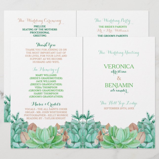 Succulent Bouquet Botanical Floral Wedding Program (Front/Back)