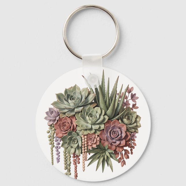 Succulent Bouquet Green Pink Key Ring (Front)
