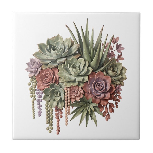 Succulent Bouquet Green Pink Tile (Front)
