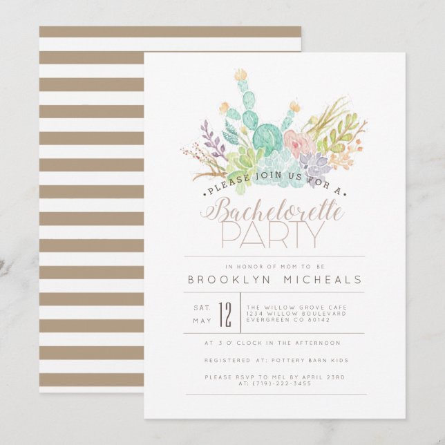 Succulent Bouquet | Watercolor Bachelorette Party Invitation (Front/Back)