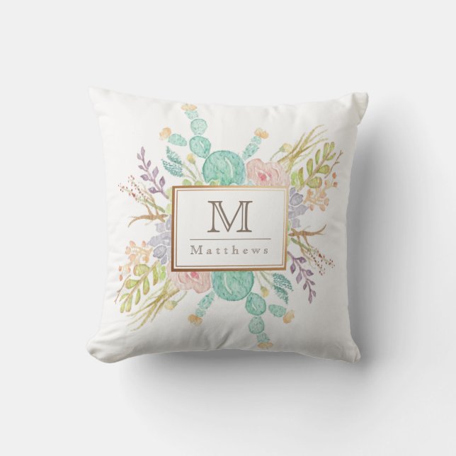 Succulent Bouquet Watercolor | Initial Cushion (Front)