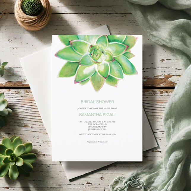 Succulent Bridal Shower Green Watercolor Invitation (Bridal shower invitations watercolor succulent art by Victoria Grigaliunas Do Tell A Belle)