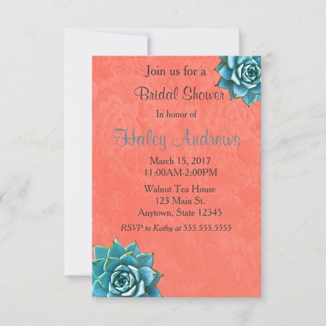 Succulent Bridal Shower Watercolor Orange Lace Invitation (Front)