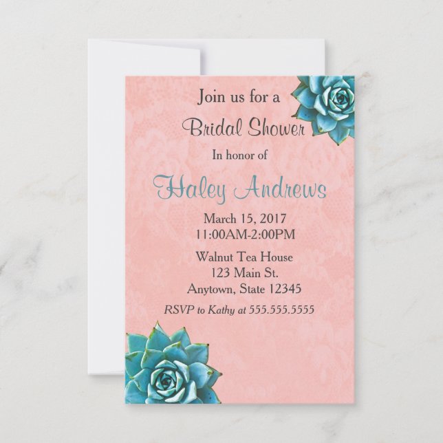 Succulent Bridal Shower Watercolor Pink Lace Invitation (Front)