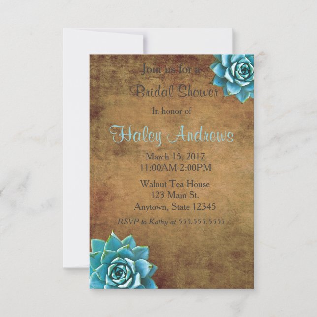 Succulent Bridal Shower Watercolor Rustic Brown Invitation (Front)
