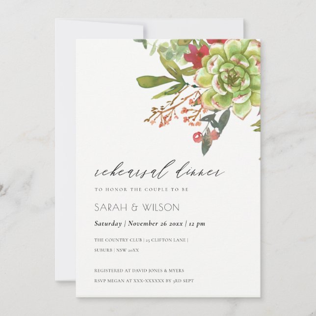 Succulent Cacti Red Flora Rehearsal Dinner  Invite (Front)