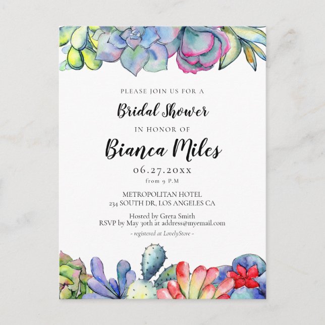 Succulent cactus Bridal shower Invitation Postcard (Front)