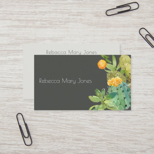 SUCCULENT CACTUS FLORAL GARDEN WATERCOLOR BUSINESS CARD (Front/Back In Situ)