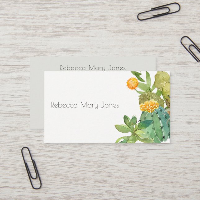 SUCCULENT CACTUS FLORAL GARDEN WATERCOLOR BUSINESS CARD (Front/Back In Situ)