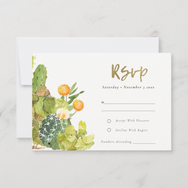 SUCCULENT CACTUS FLORAL GARDEN WATERCOLOR RSVP CARD (Front)