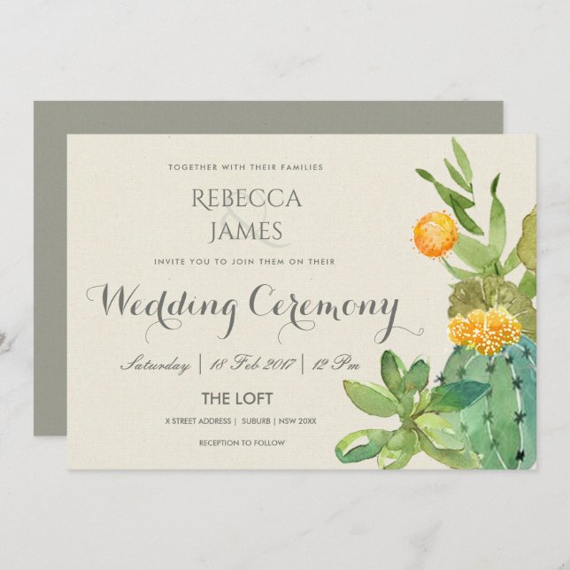 SUCCULENT CACTUS FLORAL GARDEN WEDDING INVITATION (Front/Back)