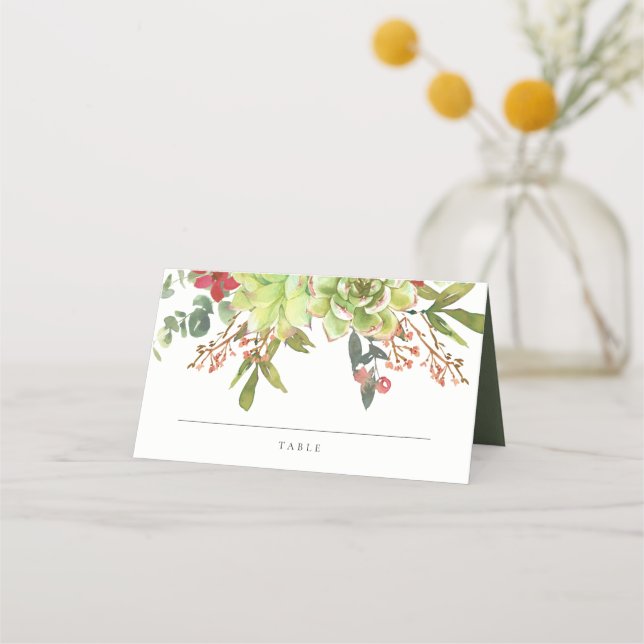 Succulent Cactus Floral Red Watercolor Wedding  Place Card (Front)