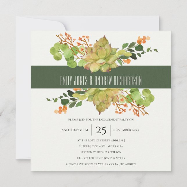 SUCCULENT CACTUS FLORAL WATERCOLOR CUTE ENGAGEMENT INVITATION (Front)