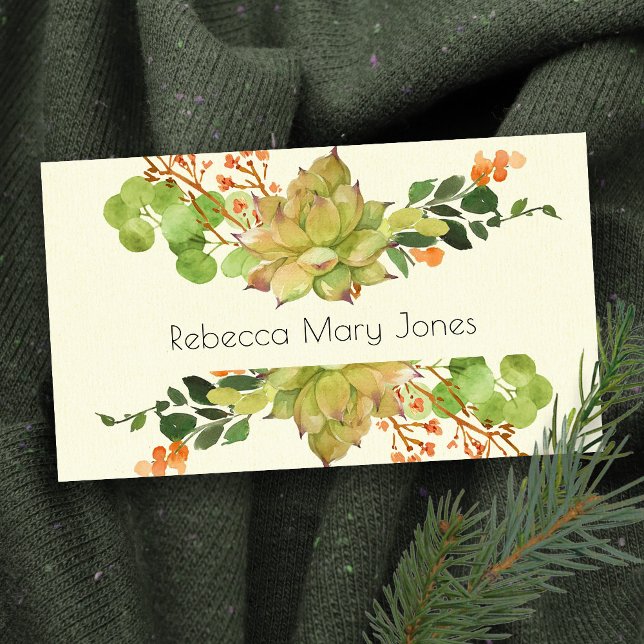 SUCCULENT CACTUS ORANGE FLORAL WATERCOLOR BUSINESS CARD (Creator Uploaded)