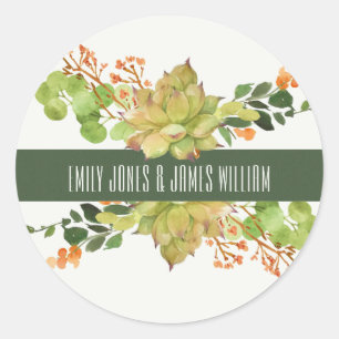 SUCCULENT CACTUS ORANGE FLORAL WATERCOLOR WEDDING CLASSIC ROUND STICKER