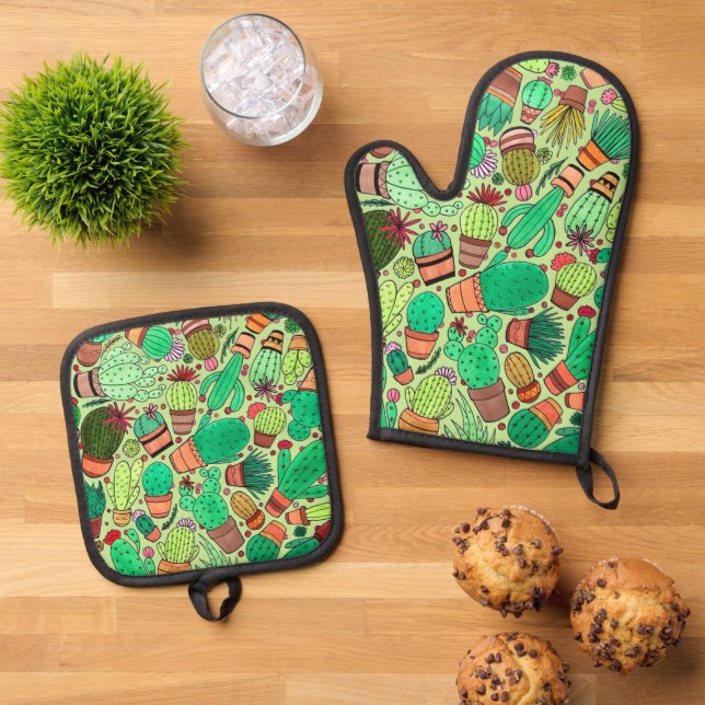 Succulent Cactus Potted Plants Green Cacti Garden Oven Mitt & Pot Holder Set (Top Down)