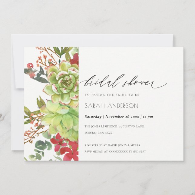 Succulent Cactus Red Floral Bridal Shower Invite (Front)