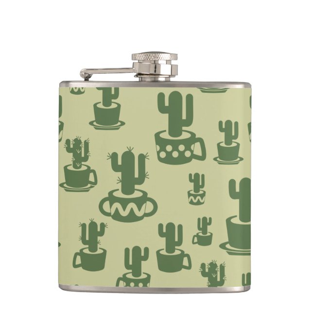 Succulent cactus silhouette in cups and pots  hip flask (Front)