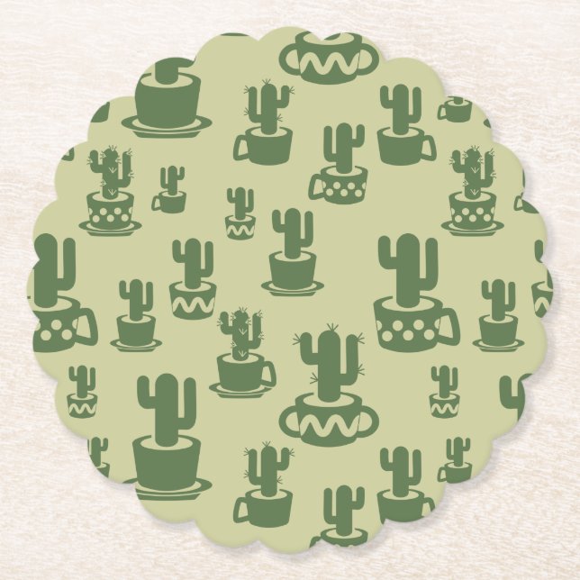 Succulent cactus silhouette in cups and pots  paper coaster (Front)